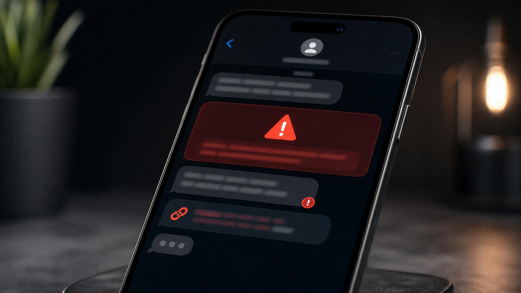Teléfono con mensaje sospechoso analizado por un detector de estafas gratuito